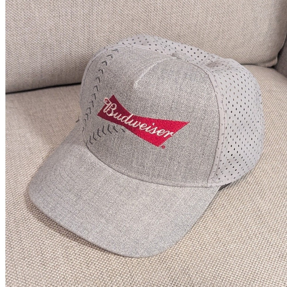 Budweiser Beer Baseball Stitch Snapback Cap Hat - RARE Grey Red Bud Tallgate - Picture 1 of 9